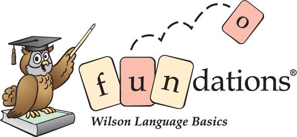 An owl wearing a graduation cap points to the word 'fundations,' spelled with letter tiles. A tile showing the letter 'o' appears to be moving into place. Text below reads 'Wilson Language Basics'.