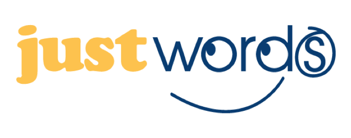 The Just Words logo features the word just in lowercase yellow letters and words in lowercase blue letters. The letter o in words is stylized as a wave, and a blue curved line resembling a smile is below the word.
