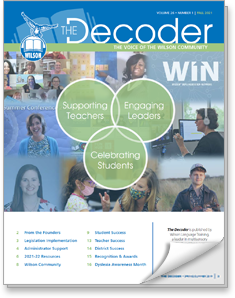 Decoder_Fall_Cover_2021 Cover of The Decoder magazine, Fall 2021 edition, titled 'The Voice of the Wilson Community.' The cover features a collage of photos, including teachers, leaders, and students. A central graphic displays three overlapping circles with the text: 'Supporting Teachers,' 'Engaging Leaders,' and 'Celebrating Students.' Additional headlines include topics like 'Success Stories,' 'District Success,' and 'Dyslexia Awareness Month.'