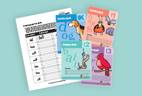 PB Image A set of colorful practice books and a worksheet displayed on a light teal background. The books feature illustrations of a dog, a worm on a hook, a ladybug, and a red bird, labeled 'Practice Book K,' 'Practice Book 12,' and 'Practice Book 13.' The worksheet includes a word list with fill-in-the-blank activities.