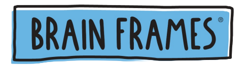 Brain Frames logo featuring hand-drawn uppercase text in black, outlined in white, set against a blue rectangular background with slightly irregular edges.