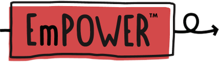EmPOWER logo with a hand-drawn style, featuring mixed uppercase and lowercase black text on a red rectangular background with slightly irregular edges. A black arrow extends from both sides, looping around on the right.