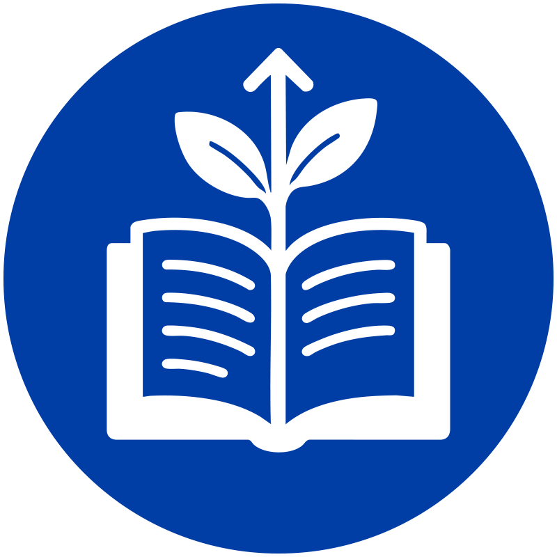 Open book with a plant growing upwards, representing knowledge and growth.