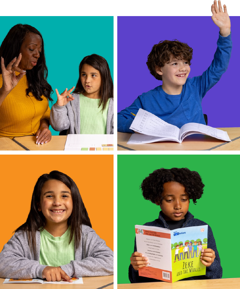 Four students engaged in classroom activities: a teacher and student using hand gestures, a boy raising his hand while writing, a girl smiling at the camera, and a student reading Zeke and the Whales, each against a different colored background.