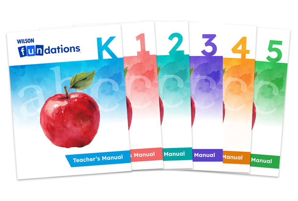 Set of Fundations Teacher’s Manuals for Levels K through 5, each cover featuring a watercolor apple and color-coded spine.