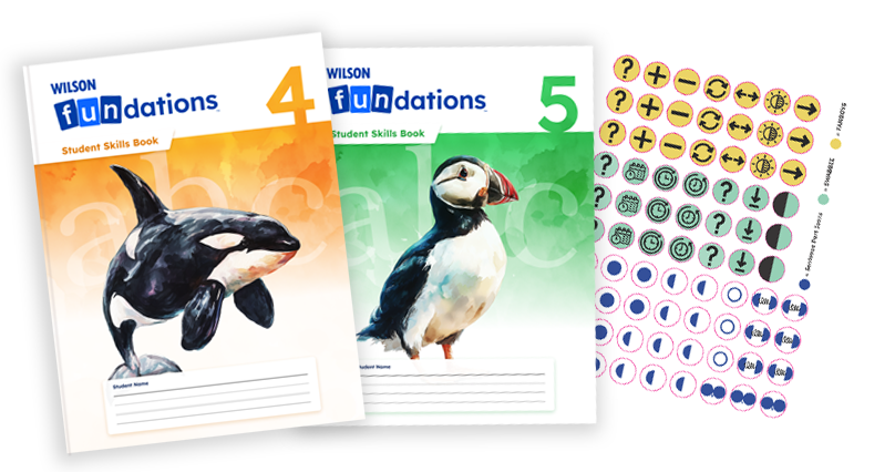 Fundations Level 4 and 5 Student Skills Books with illustrations of an orca and a puffin, alongside a colorful sticker sheet.