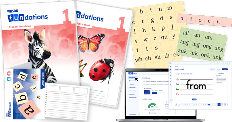 Fundations Level 1 complete bundle including student and practice books, letter boards, word-building cards, handwriting lines, and FUN hub digital platform.