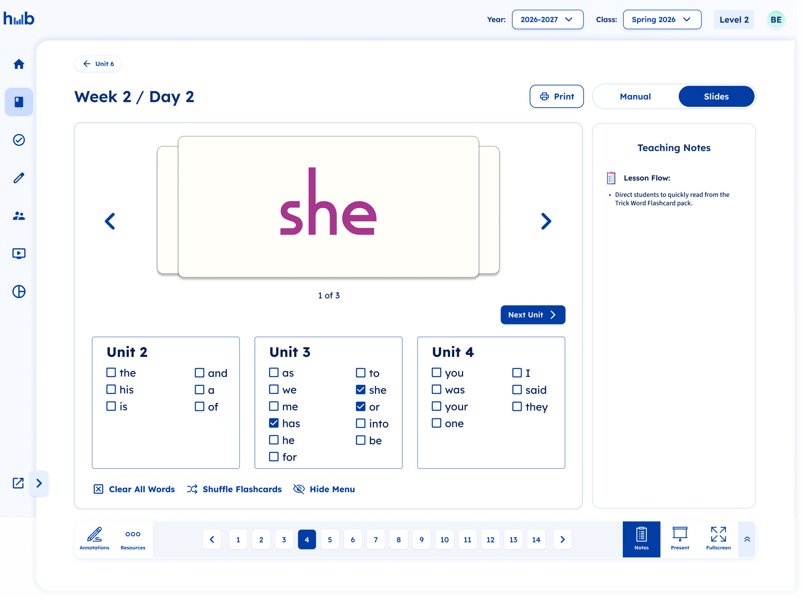 Digital flashcard interface showing the word she in large text, with checkboxes for selecting words from Units 2 through 4 and navigation tools for progressing through the lesson.