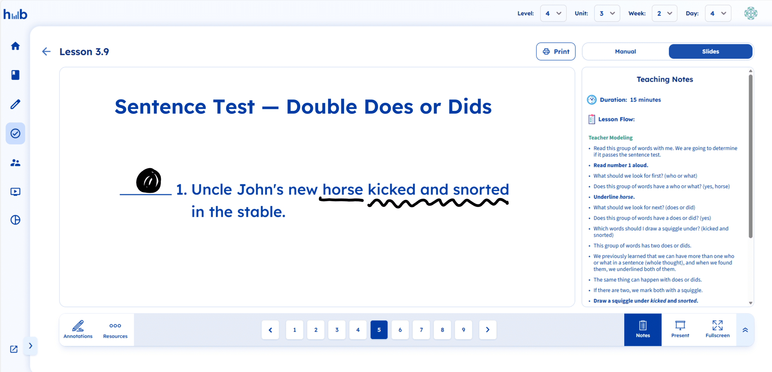 Fundations lesson slide: Sentence Test - Double Does or Dids with an example sentence.