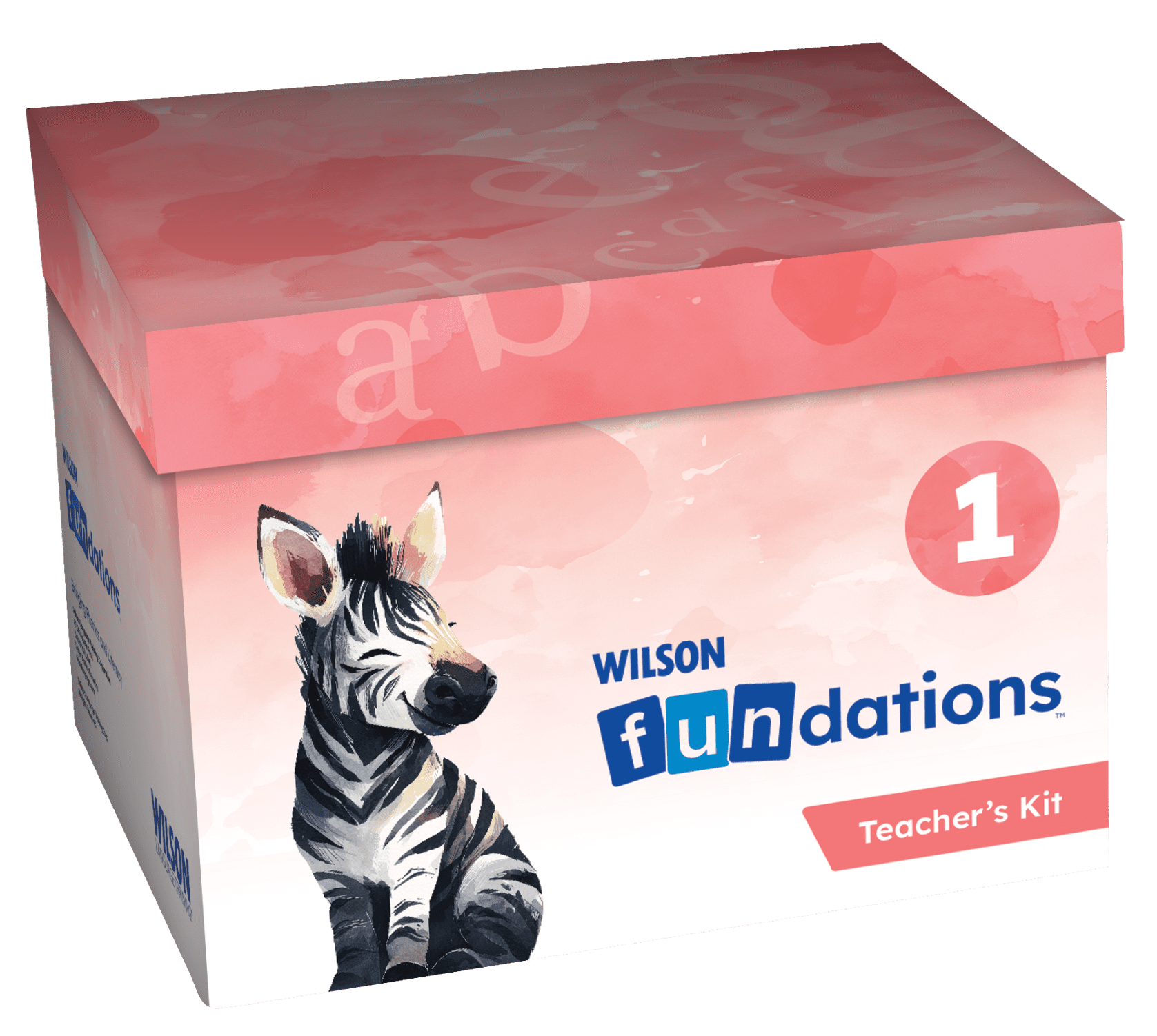 Pink Wilson Fundations Teacher’s Kit box labeled Level 1, featuring an illustration of a zebra on the front.
