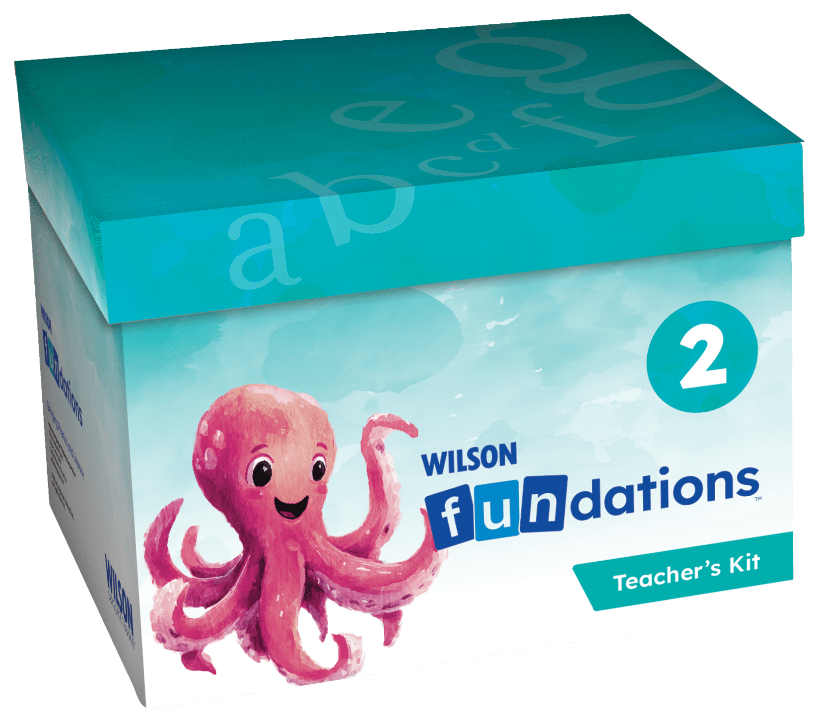 Teal Wilson Fundations Teacher’s Kit box labeled Level 2, featuring a smiling pink octopus illustration on the front.