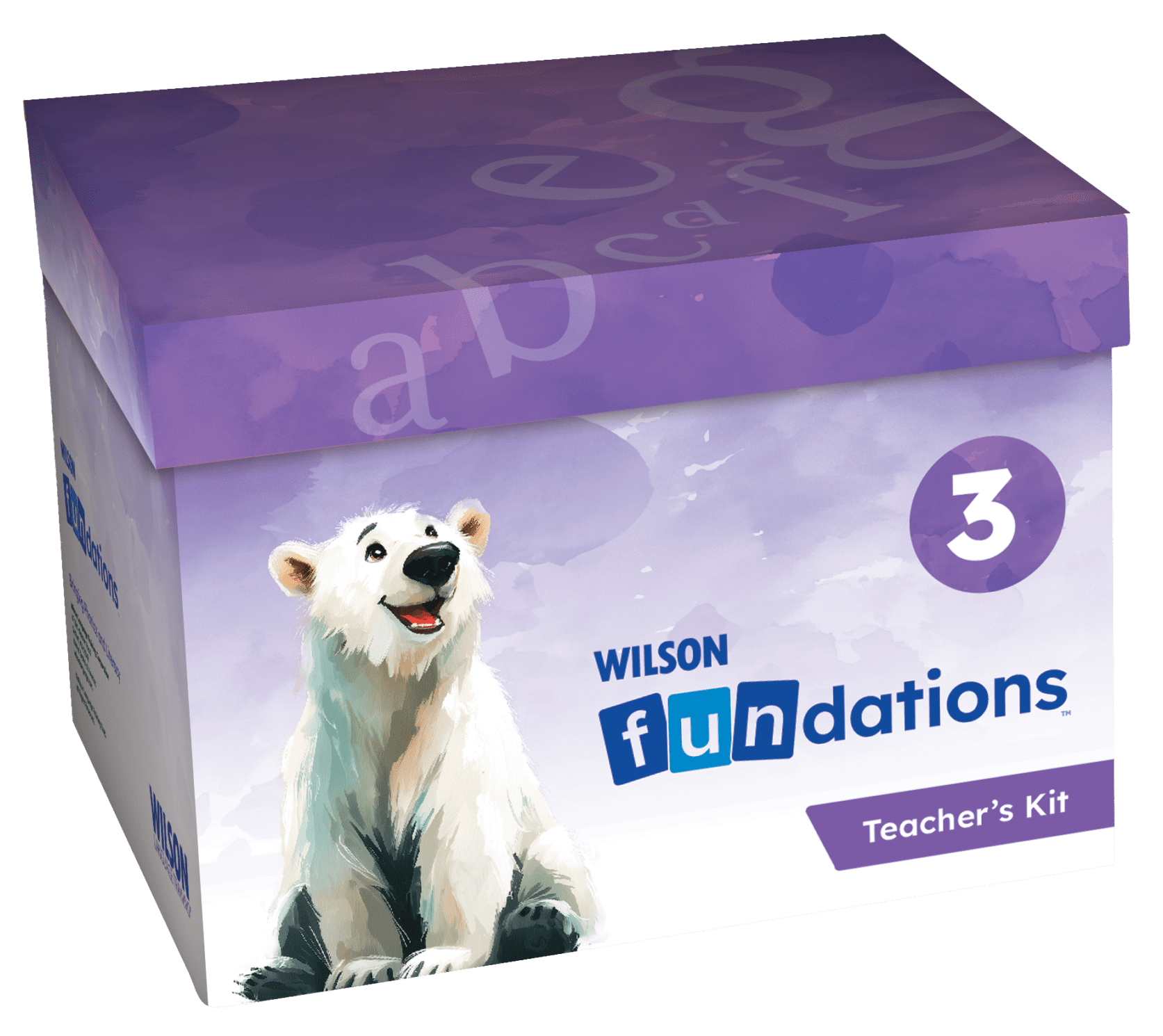 Purple Wilson Fundations Teacher’s Kit box labeled Level 3, featuring an illustration of a polar bear on the front.