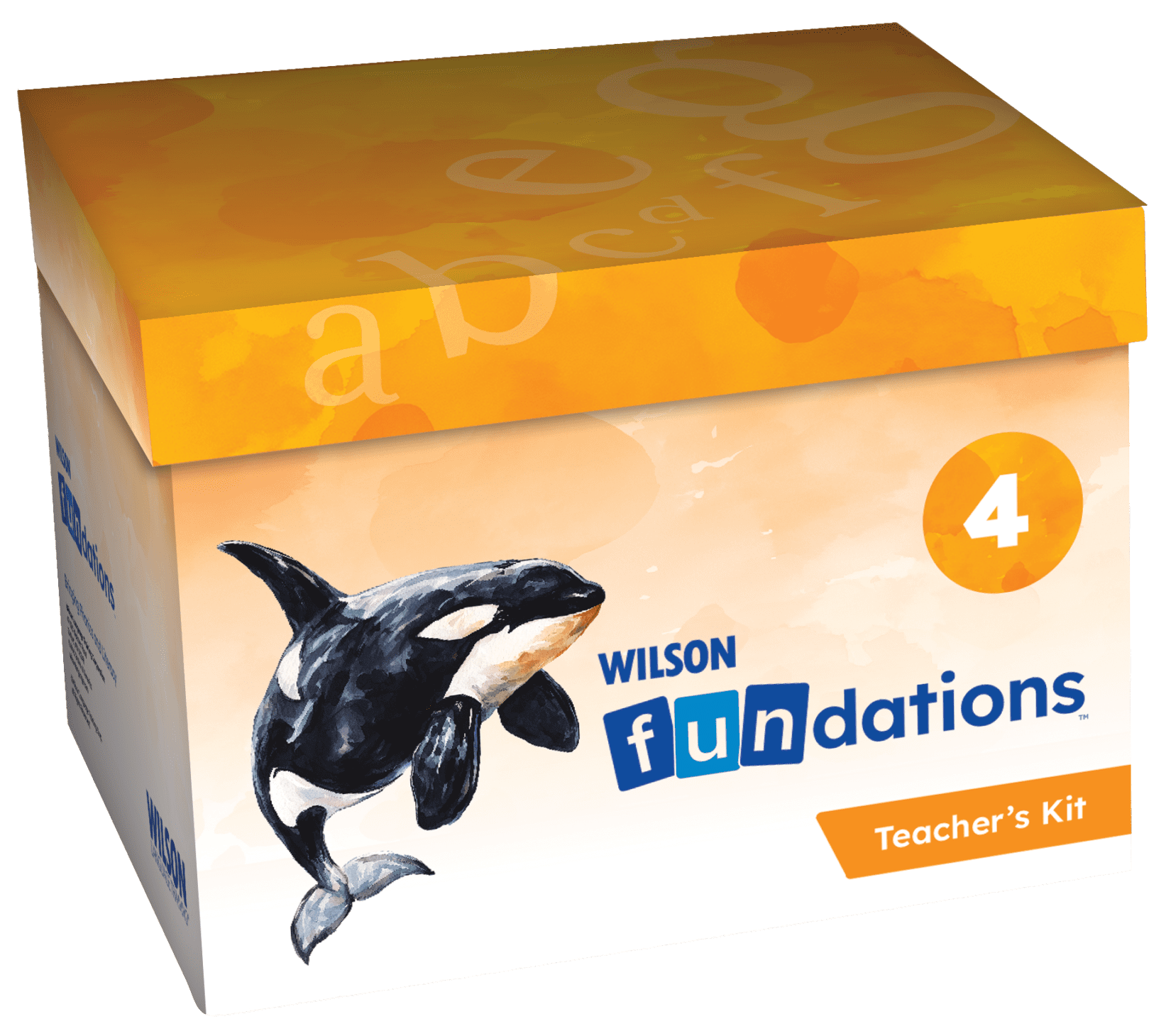Orange Wilson Fundations Teacher’s Kit box labeled Level 4, featuring an illustration of an orca on the front.