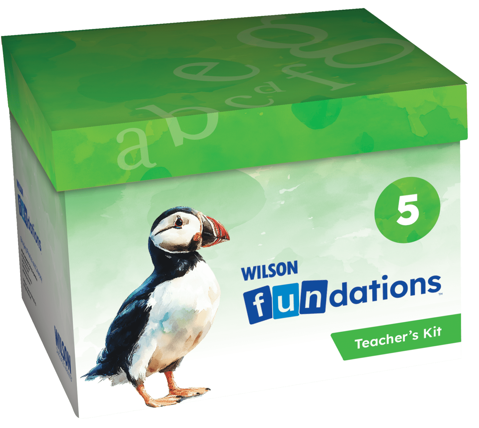 Green Wilson Fundations Teacher’s Kit box labeled Level 5, featuring an illustration of a puffin on the front.